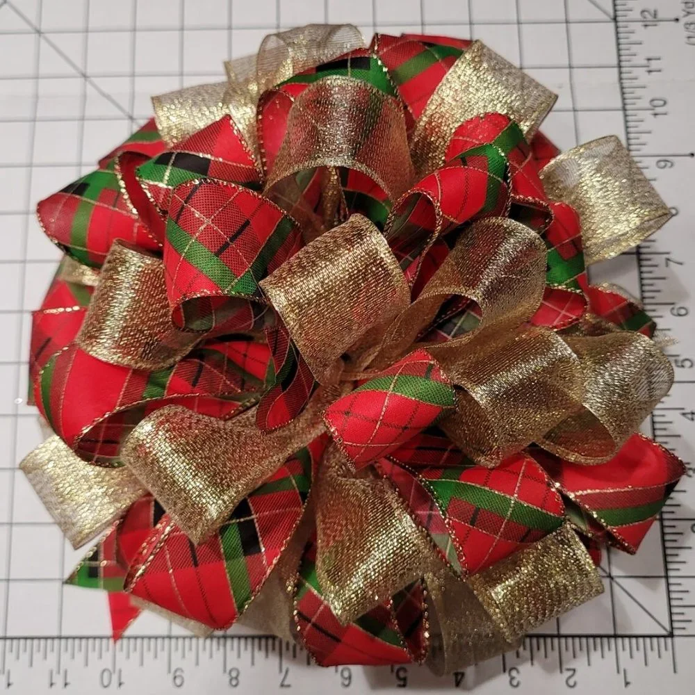Christmas Tree Bow Topper, Red/Green Plaid & Gold Ribbon Tree Topper 44 Loop Bow
